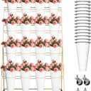 Flower Display Stand 4 Layers with 16 PCS Round Buckets, Flower Stand Metal with Lockable Swivel Wheels, Heavy Duty Moving Flower Rack for Terrace, Garden, Florist Shop, Living Room, Patio