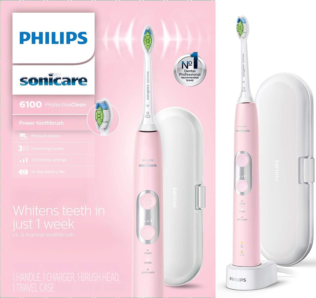 Philips Sonicare ProtectiveClean 6100 Rechargeable Electric Toothbrush, with Pressure Sensor, 3 Cleaning Modes, SmarTimer and QuadPacer, 14-Day Battery Life, Travel Case, Pink, Model HX6876/21