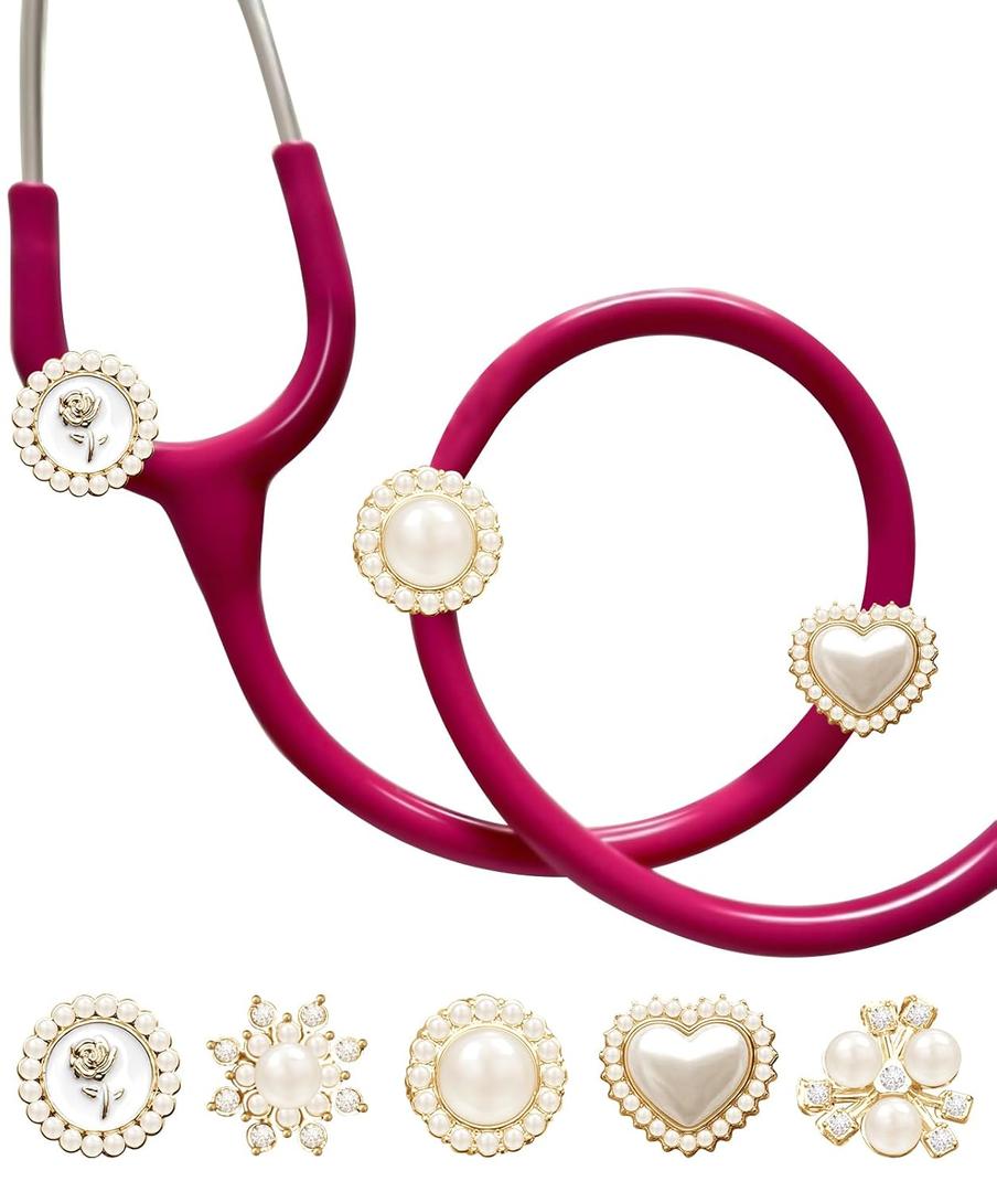 Plifal 5 Pieces Stethoscope Charms Tag for Nurse - Pearl Elegant Stethoscope Charms Label Accessories Fit for Littmann, Presents for Pediatric Doctors, Student Nurse, Nursing Graduation