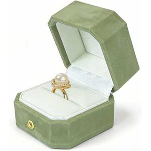 Velvet Ring Box - Octagon Engagement Ring Box with Hinged Lid for Proposal Engagement Wedding, Proposal Ring Case Jewelry Box with Gold Lace PRB001-Green