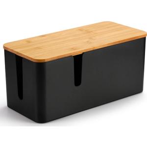 ZhiYo Bamboo Lid Cord Organizer Box, Safe ABS Cable Management Box for TV and Computer, Wood Cover Cord Hider to Hide Wires, Router, USB Hub & Under Desk Power Strip, 1 Pack L13.1 xW5.6 xH5.6 Black