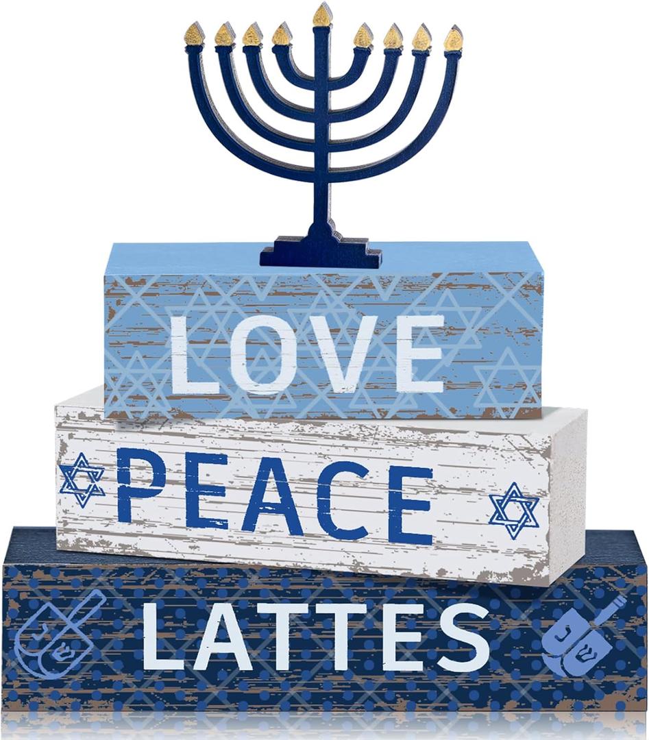 Geelin 4 Pcs Hanukkah Decorations for Home 3 Layered Wood Block with Dreidel Star of David Menorah Hanukkah Decor Blue and White Jewish Judaism Chanukah Decor for Mantel Tabletop Party