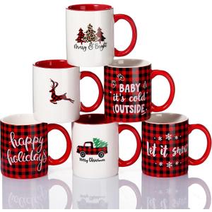 Zubebe 6 Pieces Christmas Coffee Mugs, 11oz Red Black Plaid Ceramic Mugs Cocoa Cups Milk Tea Mugs Coffee Bar Decor Christmas Party Supplies Appreciation Gift for Family Friends