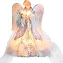 MUMTOP Lighted Christmas Angel Tree Topper, 12 Inch Luxury Blue White Fabric Angel Tree Top Figurine with Lights for Christmas Tree Decoration Indoor