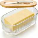Glass Butter Dish With Lid For Countertop, Ribbed Glass Butter Dish With Bamboo Lid And Knife, Large Butter Container For East & West Coast Butter, Covered Butter Dishes For Refrigerator
