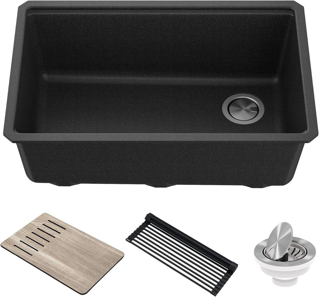 KRAUS Bellucci 30” in. Undermount Workstation Granite Kitchen Sink in Metallic Black with Accessories, KGUW2-30MBL, 29 Inch