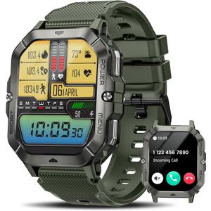 Military Smart Watches for Men (Answer/Make Calls), Waterproof Rugged Fitness Tracker with Blood Pressure/Heart Rate/SpO2/Sleep, Bluetooth Tactical Smart Watch for Android and iPhone, Military Green