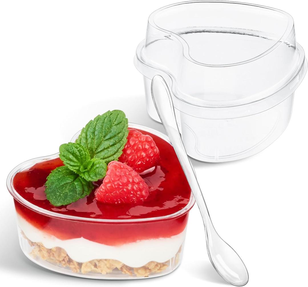 TOFLEN 5 oz Heart Shaped Dessert Cups with Lids and Spoons 300 Pcs | Serves 100 | Mini Plastic Dessert Shooter Cups for Parfait, Cheesecake, Mousse, Appetizers, Jello Shot and Puddings