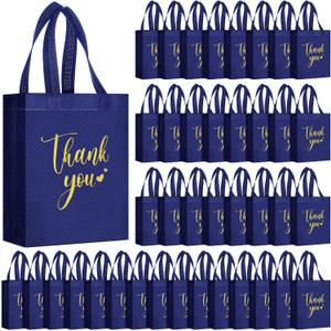 50 Pcs Thank You Gift Bags with Handles Bulk Reusable Non Woven Bags Bridesmaid Souvenir Handbags for Wedding Easter Graduation Sorority Birthday(10 x 8 x 4 Inch,Navy Blue)