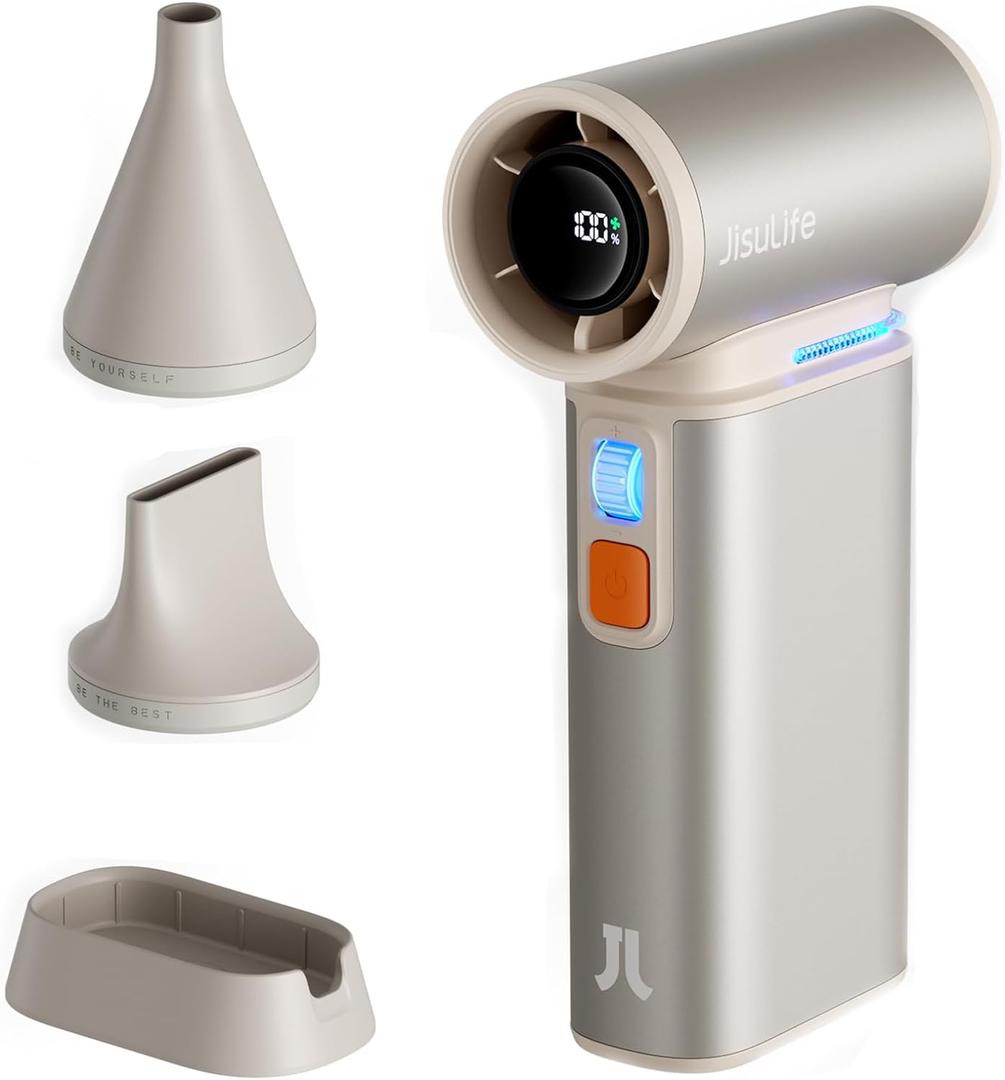 JISULIFE Super Jet Fan, 8500mAh Portable Handheld, 100000 RPM Electric Air Duster, 20m/s Dry Blower, 100 Speed Gears Turbo Fan Digital Display, Rechargeable Compressed Air Duster - Dark Grey (Light Brown)