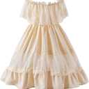 fioukiay Toddler Girl-Wedding-Princess-Maxi-Dress Boho Off Shoulder Lace Ruffle Dress Gowns Holiday Dresses (4-5T, Off White/Beige)