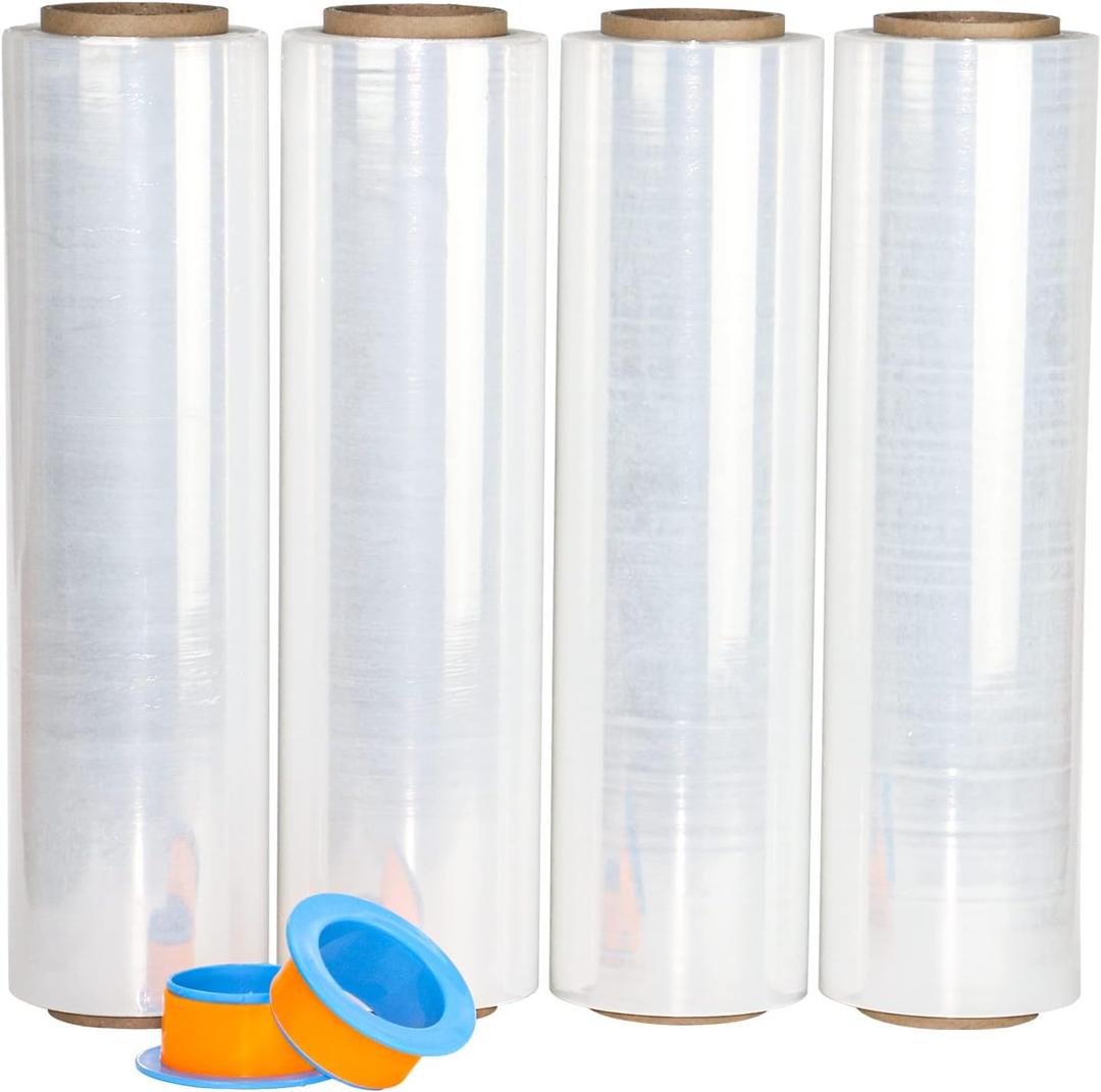 BOMEI PACK Clear Stretch Wrap Roll with Plastic Handle 18" x 1000 Feet 80 Gauge 4 Pack, Shrink Wrap Heavy Duty, Self-Adhering Plastic Wrap for Shipping, Moving