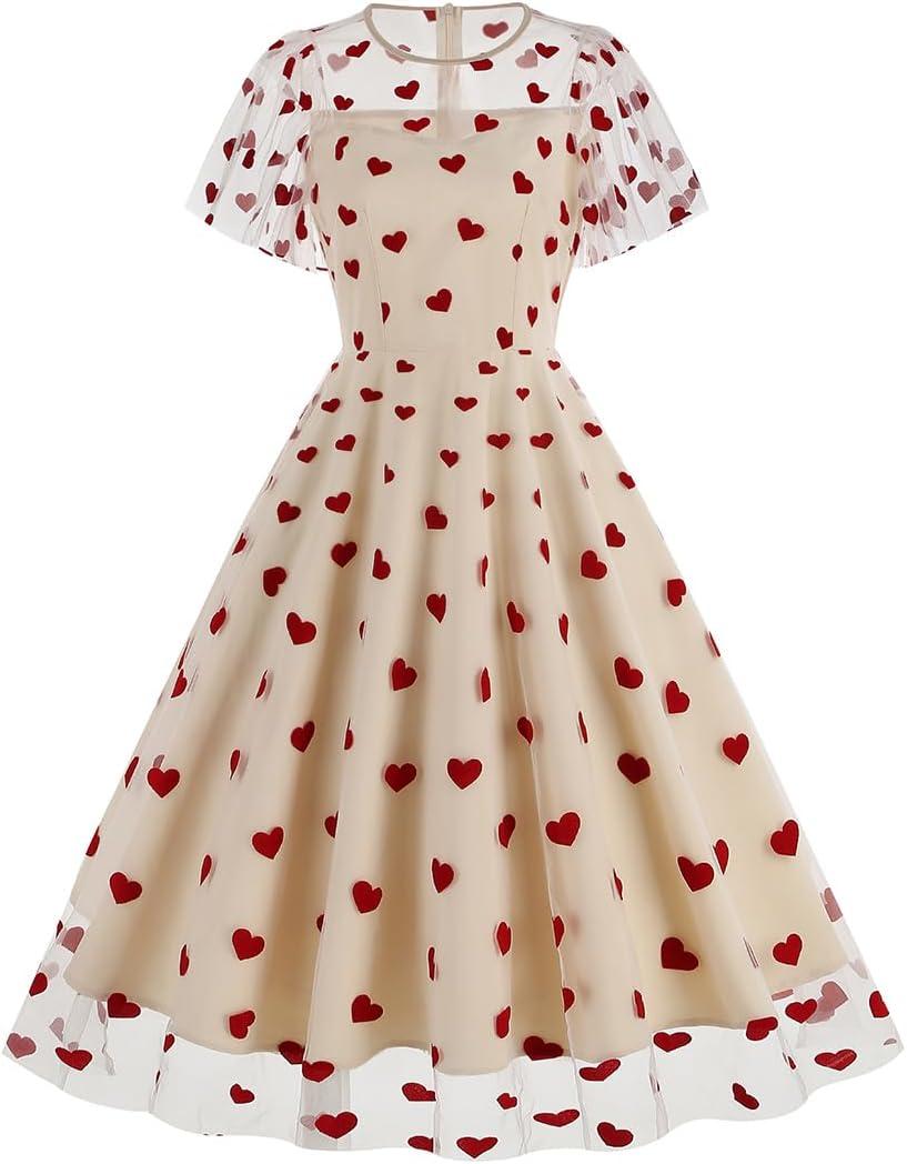 Women Floral Embroidery Dress Sheer Mesh Ruffle Sleeve Illusion Vintage Cocktail Swing Dress Tulle Dinner Dress (Small, Apricot Heart)