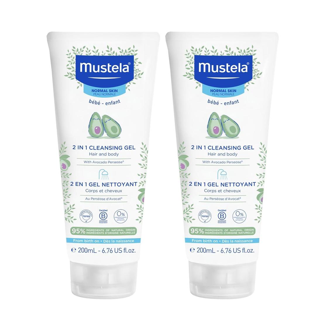 Mustela Baby 2-in-1 Cleansing Gel - Baby Body & Hair Cleanser - with Natural Avocado - Biodegradable Formula & Tear-Free - 6.76 fl. oz. - 1 or 2-Pack