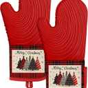 Slohif Long Silicone Oven Mitts Heat Resistant for Women - 2 Pcs Christmas Tree 100% Cotton Oven Gloves, Non-Slip and Waterproof Silicone Oven Mitts with Hanger for Baking and Cooking (Red)