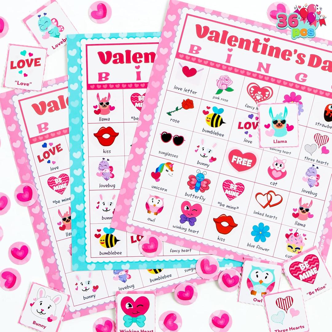 JOYIN 36 Players Valentines Day Bingo Cards (5x5) for Kids School Classroom Exchange Gift Rewards, Party Games, Indoor Family Activities