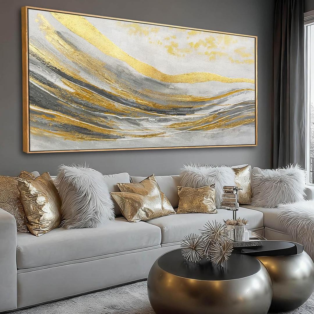 Artexist Gold Home Wall Decor Line Canvas Wall Art Vintage Artwork 29"x58" Large Poster for Living Room Office Kitchen Pictures