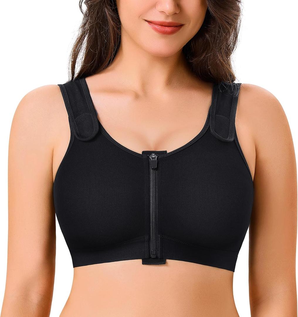 CYDREAM Zip Front Closure Wireless Bras for Women Full Coverage Post Surgery Compression Back Smoothing Comfort Adjustable (Medium, Black)