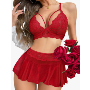 Sexy Mini Skirt with G-String Floral Lace Sheer Bralette Lingerie Set 3 Piece Otufits, XXL