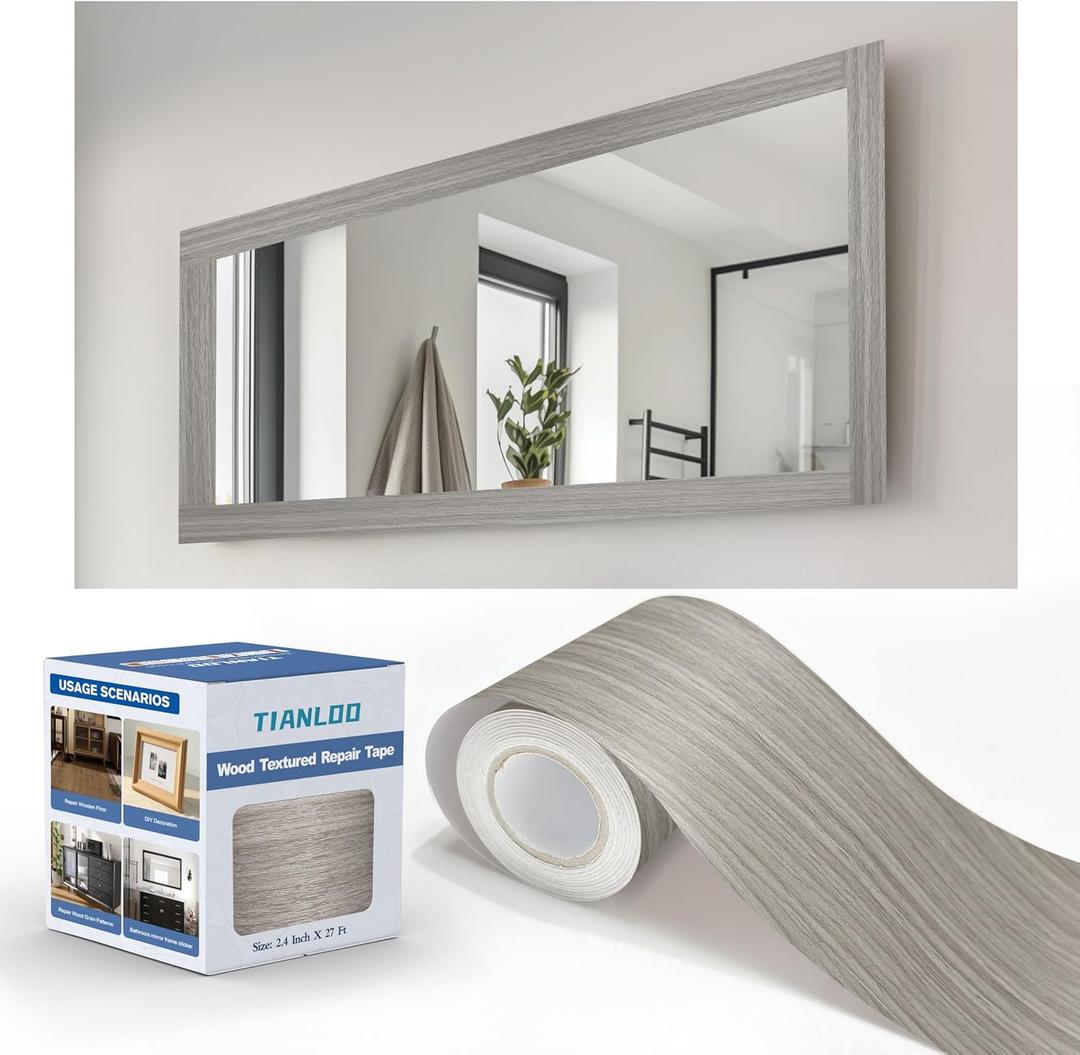 TIANLDD 27 FT Wood Grain Wallpaper Border, Removable Waterproof Mirror Border Peel and Stick,Bathroom Mirror Frame Border.(Grey) (3.15 inch x 27 ft, Gray)