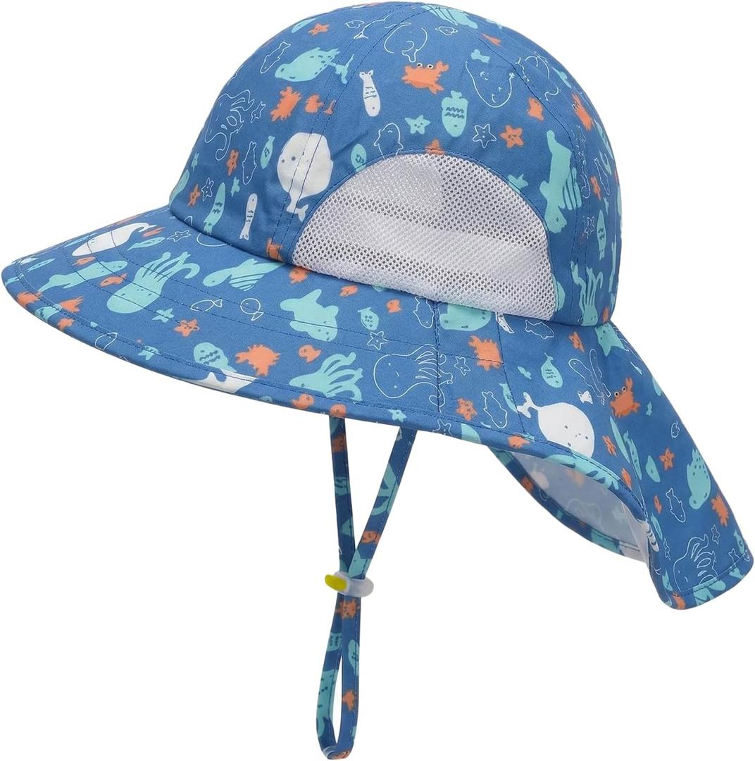 2 x Kids UPF50+ Protection Sun Hat with Neck Flap Wide Brim, Ponytail Beach Summer Bucket Hat for Girls Boys (Blue)