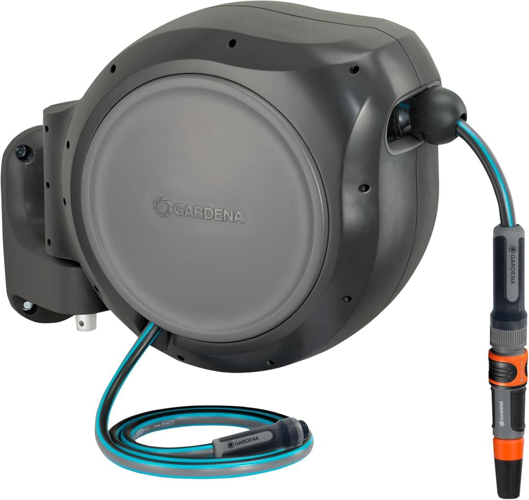 GARDENA 20505, 100' Retractable Garden Hose Reel with US Hose Threads - 100' x 1/2" hose, Automatic Retraction & Length Lock for Easy Watering. Heavy Duty Swivel Bracket 180, Includes Nozzle.
