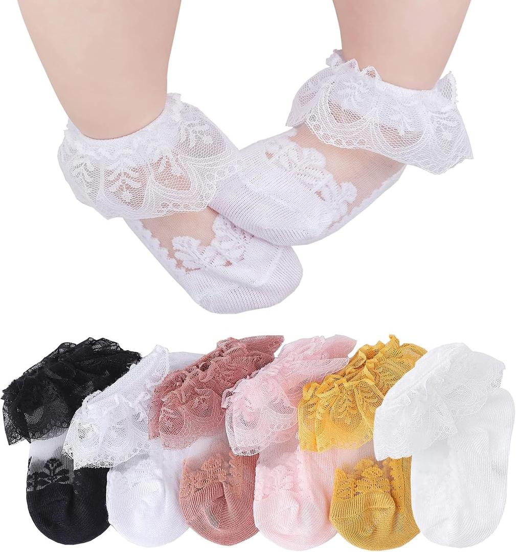 CHUNG Baby Toddler Girls Princess Cotton Frilly Socks Lace Ruffle Pack of 4/5/6 Thin Mesh Summer for Dress (3-12 Months, Crystal 6 Pairs)