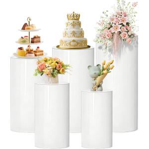 Cylinder Stands for Party, 5Pcs White Cylinder Pedestal Stand, Cilindros Para Fiestas Cake Table Stand Parties Round Cylinder Display Stand for Wedding Birthday Decor 35.4'' 29.5'' 35" 29.5" 23.6"