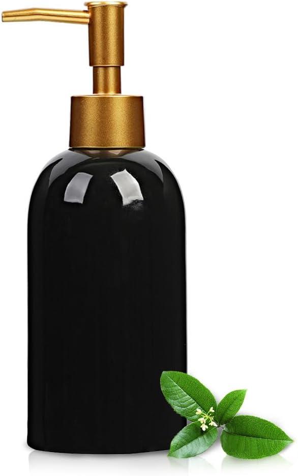 Classic Cylindrical Soap Dispenser, Multi-Color Ceramic Bottle with Gold Rust-Proof Pump (Black)