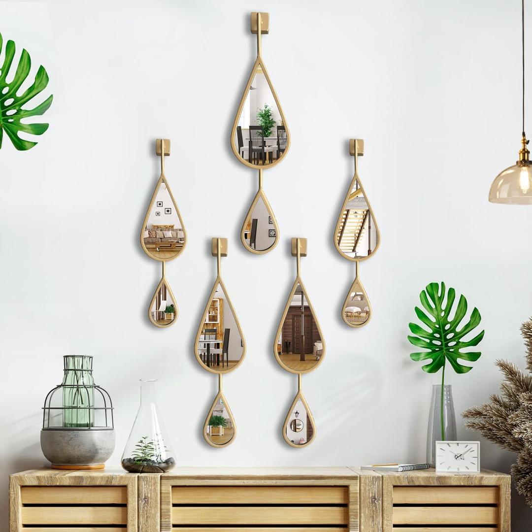 Wall Mirror Decorative Mirrors Mounted Decor Tear Drop Shape Gold for Bedroom Living Room Entryway Bathroom Vanity Brassy Gold Metal Frame, 5-Pack Mirrors Set