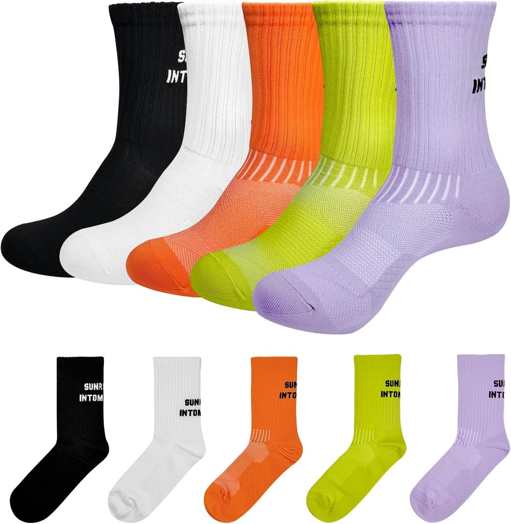 5 Pairs Athletic Running Socks, Mens Womens Compression Sport Crew Socks for Cycling, Climbing, Hiking Workout, Gym, Cushioned Comfort Non-Slip Performance Socks-Moisture Wicking Breathable Quick-Dry