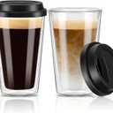 2 Packs Double Walled Glass Coffee Mugs with Silicone Lids, 12 OZ Reusable Glass Coffee Cups, Insulated Coffee Mugs, Cappuccino,Tea,Latte,Iced Coffee Cups, Glass Travel Mug, Heat Resistant