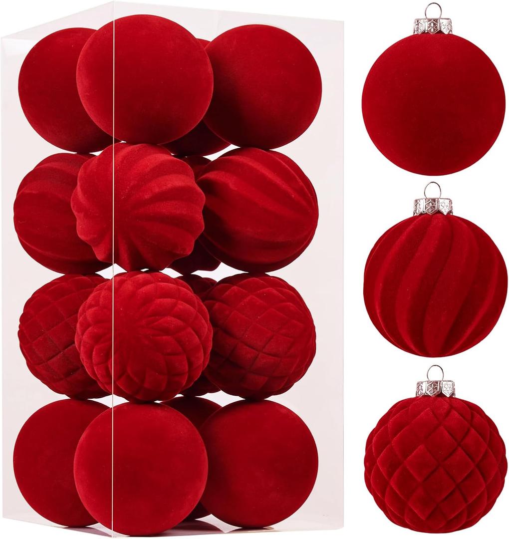 Wironlst Velvet Ornaments for Christmas Tree, 3 Style Flocked Matte Velvet Christmas Ball Ornaments, Shatterproof Decor for Xmas Tree Wedding Holiday Party Home (3.15" 16pcs Red)
