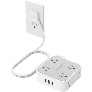 TESSAN Surge Protector Power Strip, 5 Ft Flat Plug Extension Cord with 3 USB (1 USB C) 8 Outlets, 1250W, 900J Protection, 3 Sided Outlet Extender with Power Switch for Office, Dorm Room, Grey