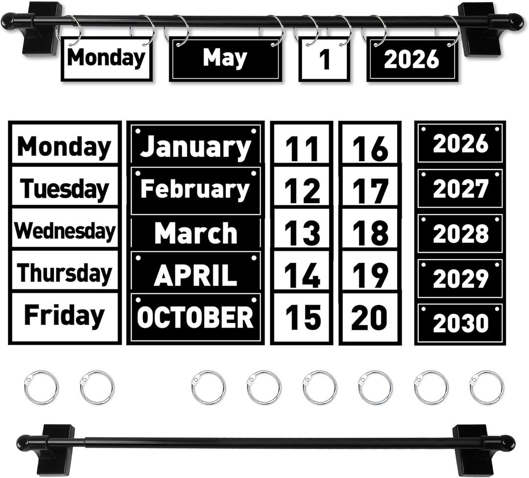 2026 Upgraded Magnetic Rod Black and White Flip Calendar for Classroom, Classroom Calendar Date Cards Black and White Classroom Decor Bulletin Board Set
