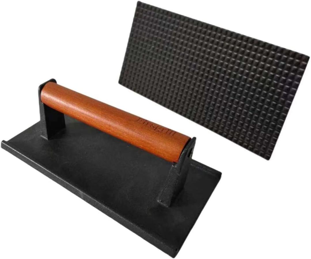 Firsgrill 8.3"×4.3" Heavy-Duty Cast Iron Grill Press and Steak Weight with Cool-Touch Comfort-Grip Wood Handle - BBQ Accessories for Griddle, Outdoor Grill, Panini, Tortilla (2 Rectangle)