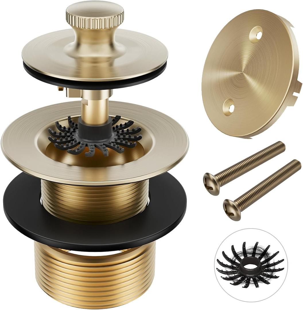Champagne Brushed Gold Bronze Tub Drain Stopper Bathtub Drain, Hair Catcher and Two-Hole Overflow Faceplate, Premium Brass Lift and Turn Twist Tub Drains Replacement Trim Kit, 11.5/16 UNC Tub Stopper