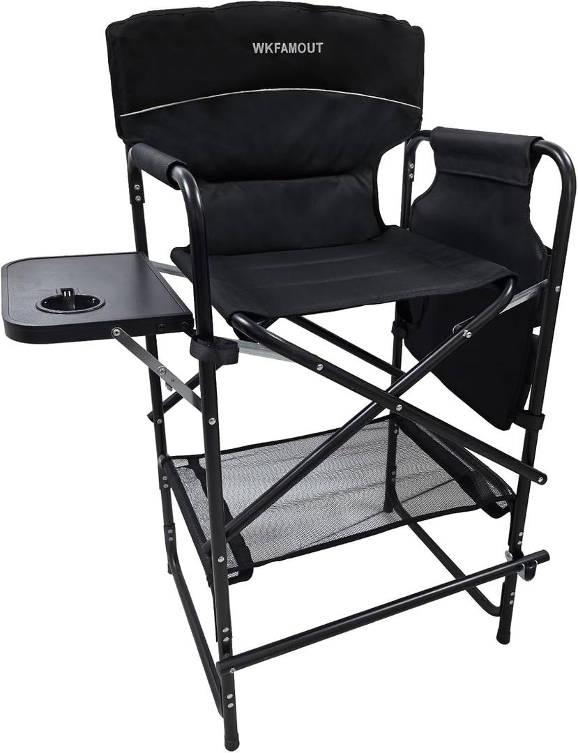 Tall Folding Director Chair 30.7" Seat Height Foldable Bar Stool for Makeup Artist Face Painting with Side Table Carry Bag and Cosmetic Bag Supports 350LBS