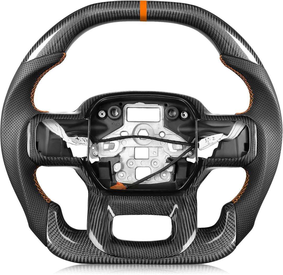 Steering Wheel for F150 Raptor 2021-2024 Real Carbon Fiber Double-D Design Orange Stripe&Stitching with Heated Nappa Preforated Leather Grip Compatible with Raptor with Paddle Shifter Models