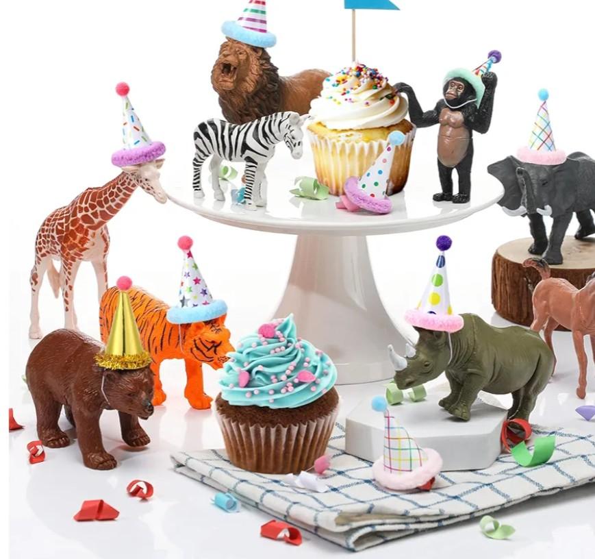 18 Pcs Jungle Animal Birthday Party Decorations Mini Birthday Hat Animal Figure Model Cake Toppers with Mini Hat for Birthday Party, Wild Animals Themed Party