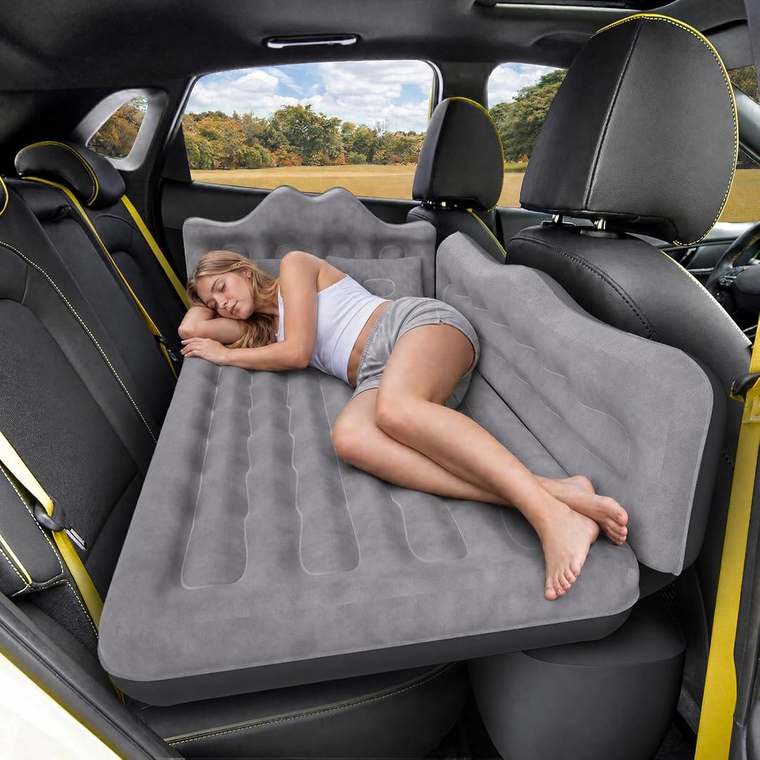 Back Seat Car Air Mattress: Inflatable SUV Car Camping Bed for Truck Van, Thickened Double-Sided Flocking Travel Car Sleeping Pad with Air Pump 2 Pillows, Deep Gray
