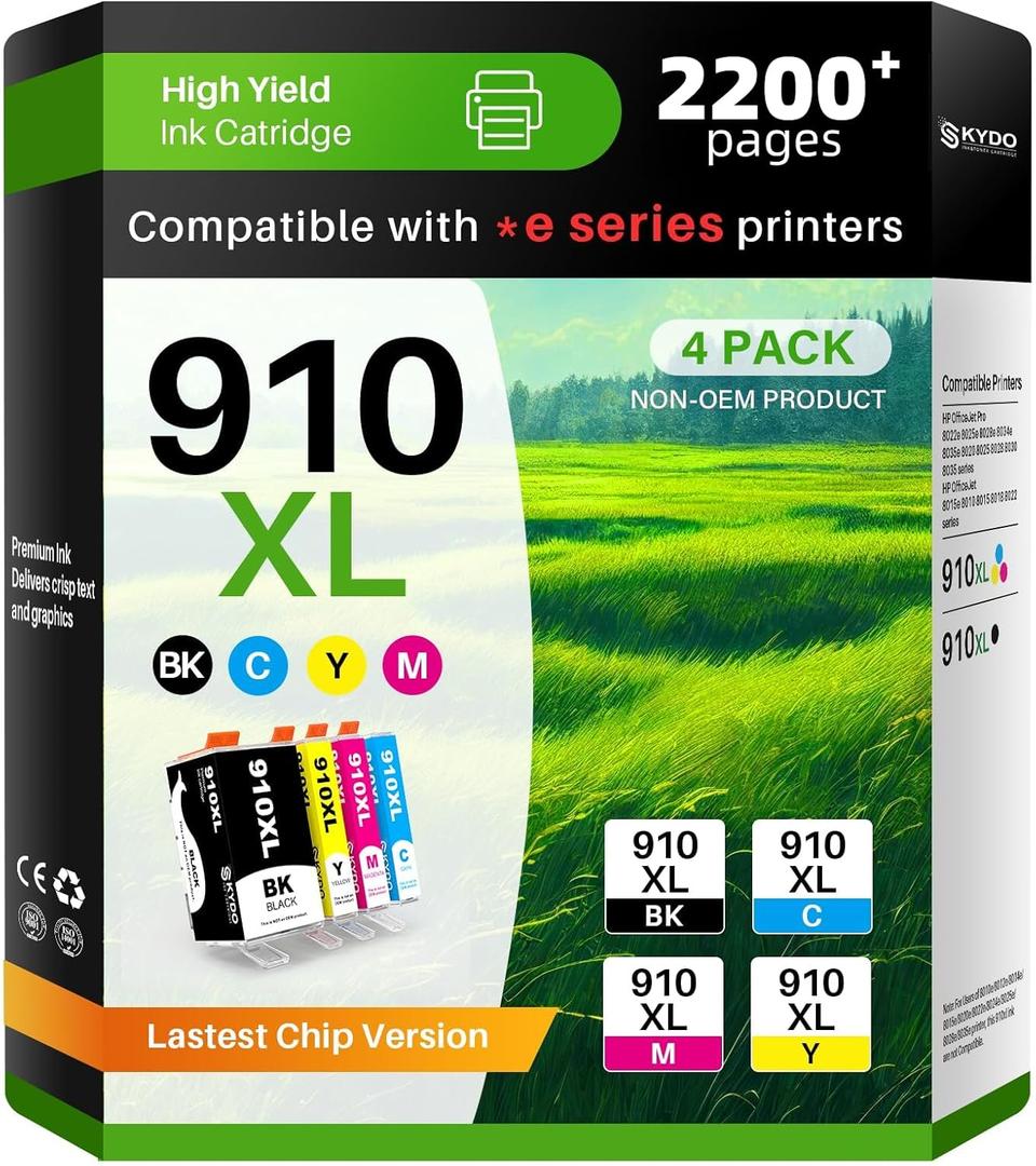 910XL Ink Cartridges Combo Pack Replacement for 910XL Work with OfficeJet 8015e 8022e 8010 8022 OfficeJet Pro 8025e 8028e 8035e 8020 8025 8028 8030 8035 Printers 4 Pack (Black Cyan Magenta Yellow)