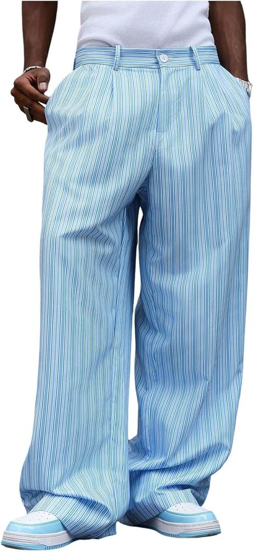 Men's Striped Baggy Wide Leg Pants Zipper Business Casual Dress Pants with Pockets (Blue, XL)