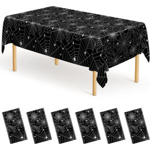 QZYL 6 PCS Spider Web Table Cloth, 54" x 108" Halloween Party Supplies, Black Plastic Tablecloth Disposable Table Cover, Halloween Birthday Party Decorations Decor Dinnerware Home