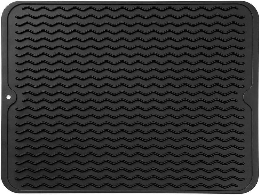 MicoYang Silicone Dish Drying Mat for Multiple Usage, Easy clean, Eco-friendly, Heat-resistant Silicone Mat for Kitchen Counter or Sink, Refrigerator or drawer liner Black L 16 inches x 12 inches