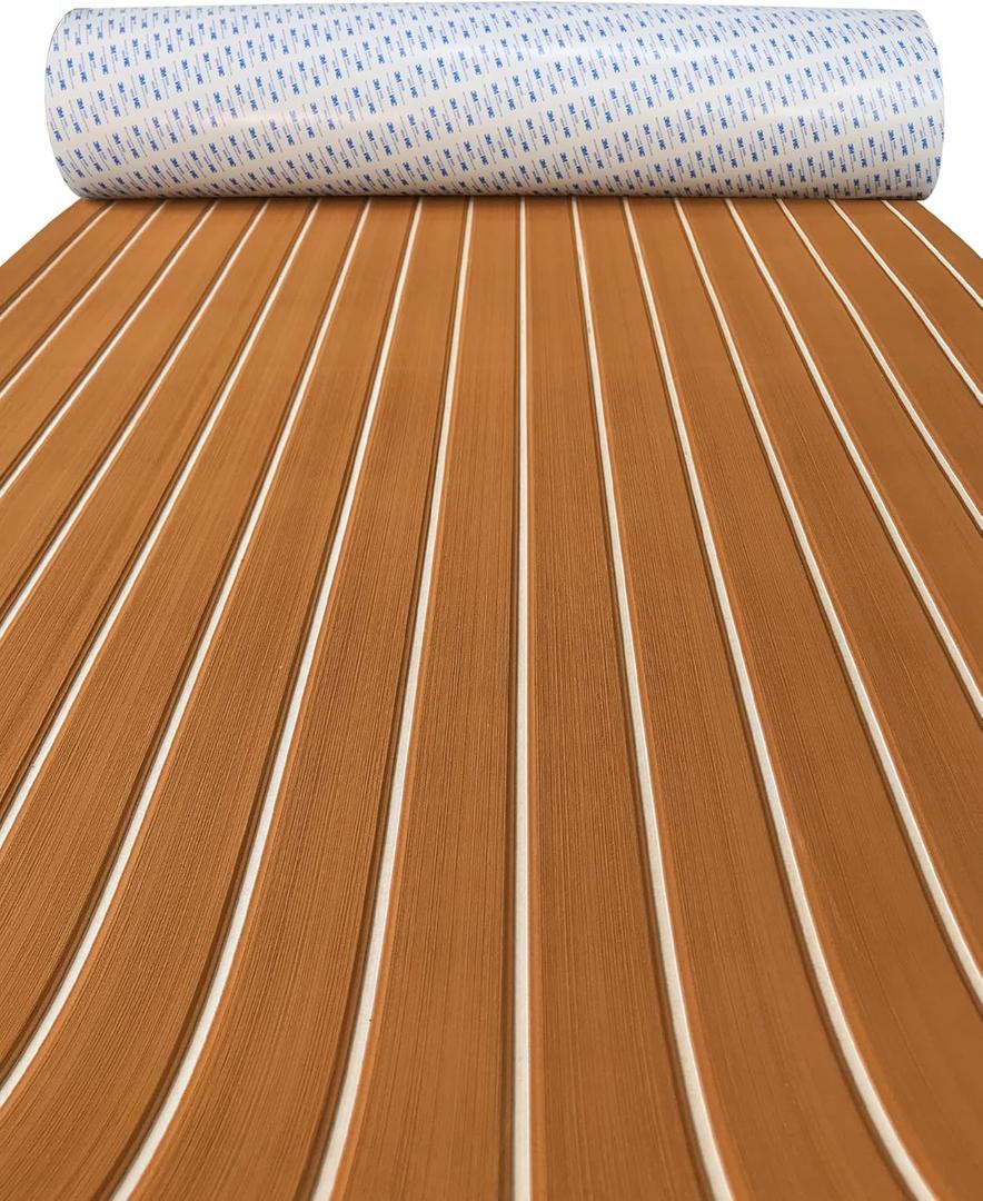 KXKZREN EVA Foam Boat Decking with 3M Adhesive Backing - Strong Self-Adhesive Faux Teak Flooring Sheet 94.5" x 47.2"/35.4"/11.8" Anti-Slip Marine Mats for Motorboat Jon Boats Yacht Kayak (Brown with White Seam)