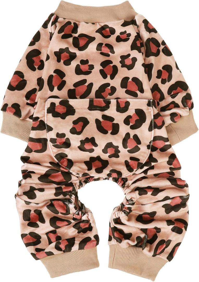 PUPTECK Soft Fleece Dog Pajamas for Small Medium Dogs, Dog Onesie Puppy Sweaters Clothes Jumpsuit PJs, Cute Jammies Cat Coat Pet Costume Apparel (CHEST 18", BACK 12"), Brown(Leopard Print)
