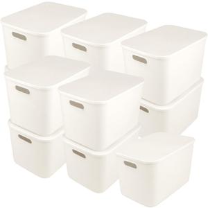 11 Pcs White Plastic Storage Bins with Handle and Lids 14 x 10.5 x 9.6 Inches Containers Box Stackable Storage Baskets for Playroom Classroom Office Shelves Desktop Drawers Organization