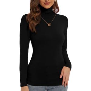 Women's Turtleneck Long Sleeve Shirts Slim Fitted Lightweight Base Layer Casual Tops (Black, XXL)