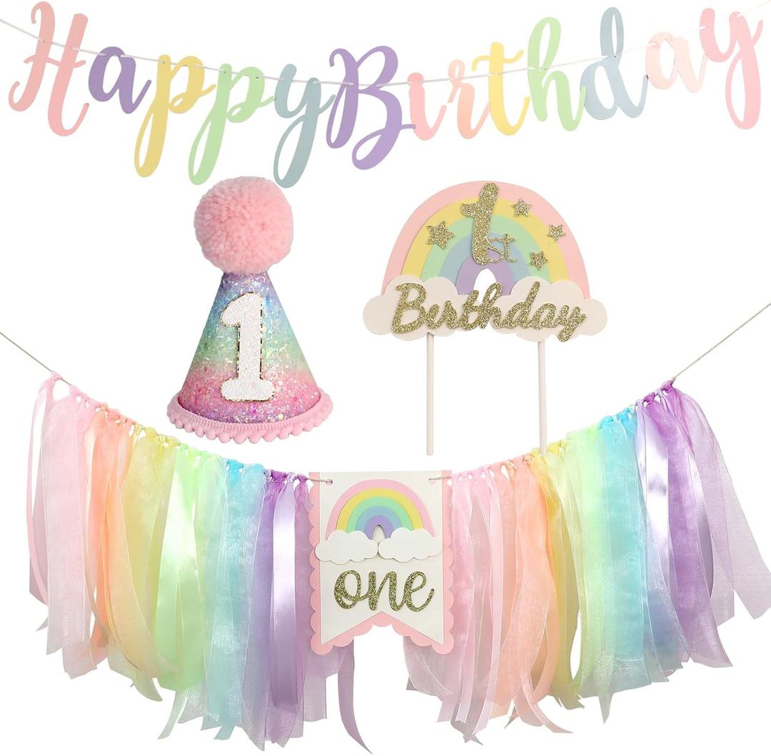 Macaron Pastel Rainbow High Chair Banner for 1st Birthday Decorations First One Birthday Party Girl with Cake Topper
